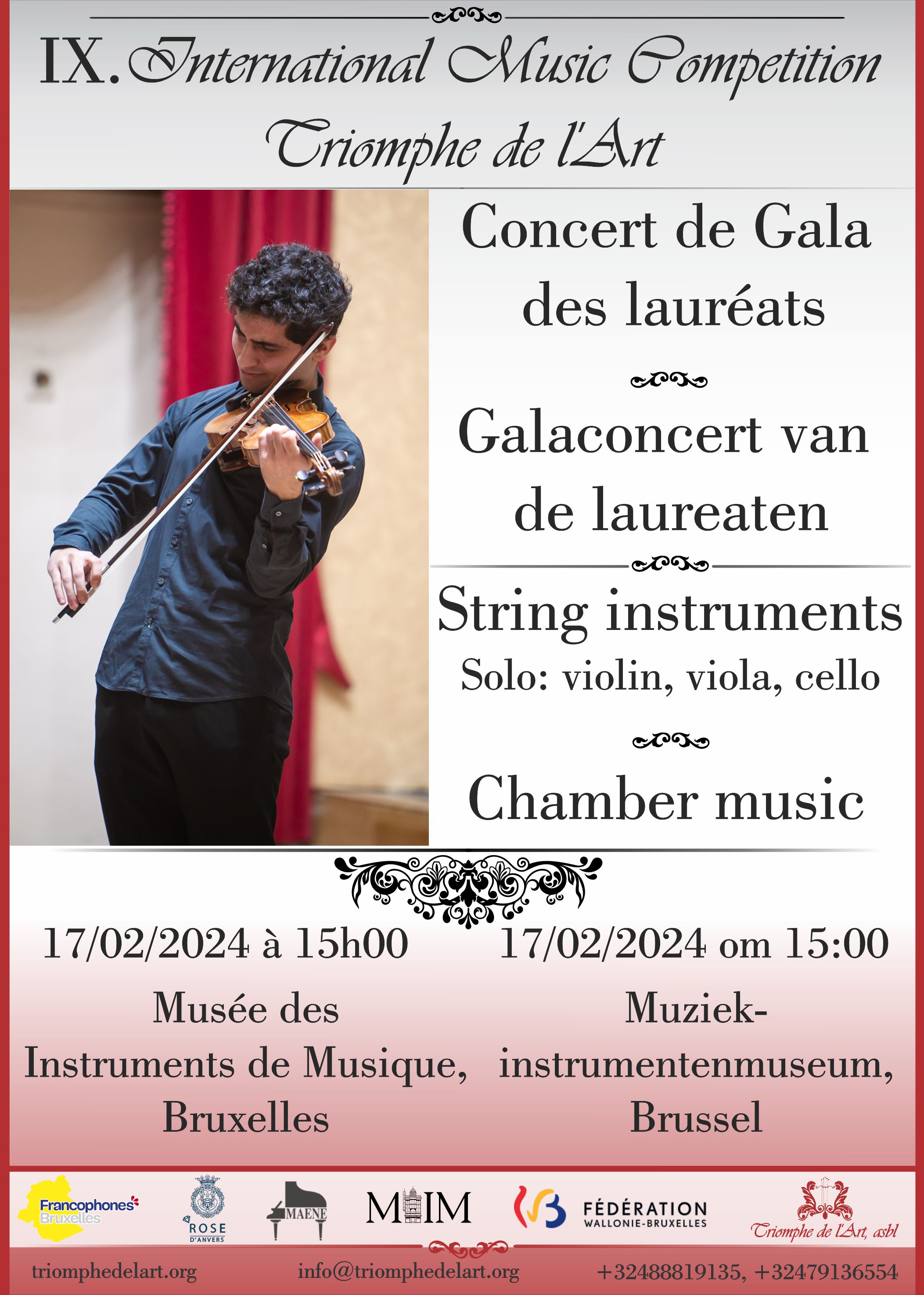Affiche. Bruxelles. Triomphe de l|Art, asbl. A propos de Instruments à cordes. Concert gala de clôture du 9ème Concours Triomphe de l'Art. 2024-02-17